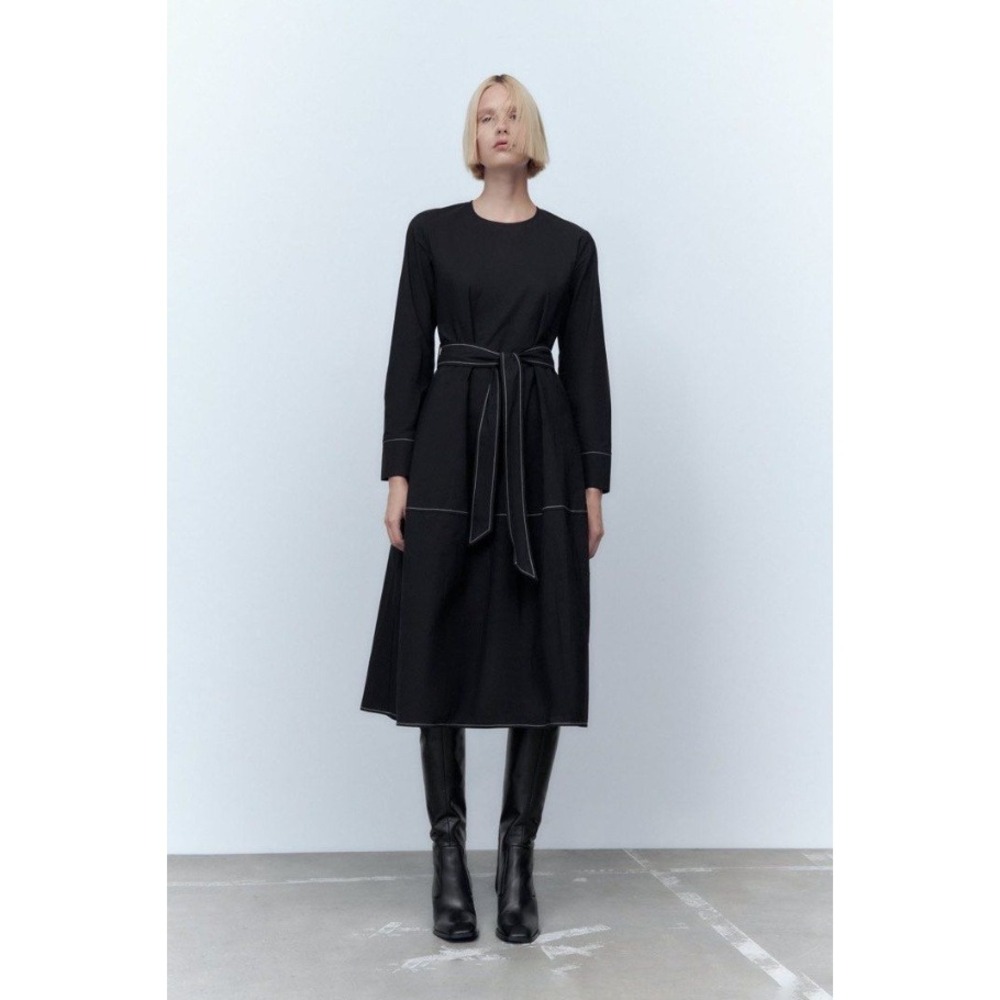 Zara The Ula Dress Black Contrast Topstitching Poplin Belted Midi Dress Cotton S